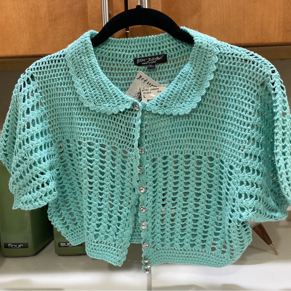 Y2K Authentic NWT Betsey Johnson Turquoise Crochet Bolero Sweater Size Large
